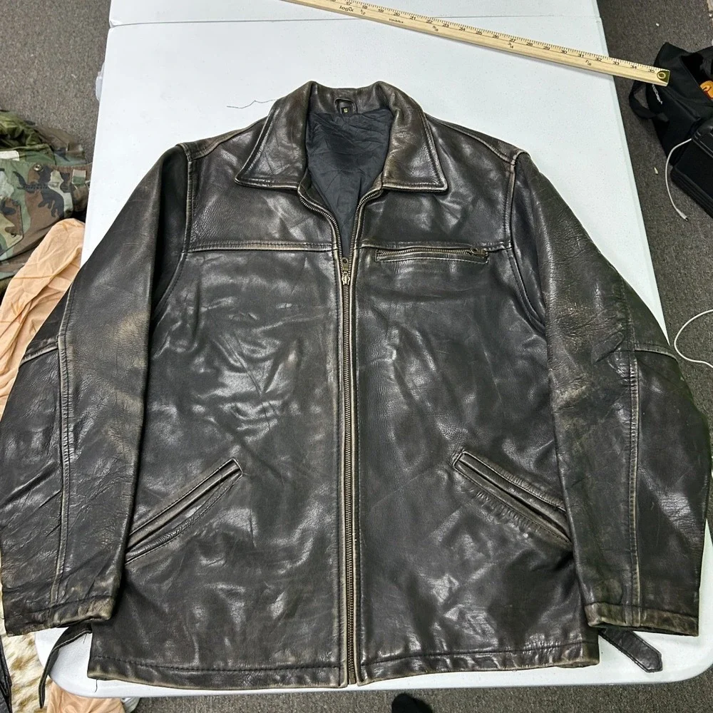 Unbranded Leather Bomber Jacket Mens S Brown Distressed Vintage Zip Up Coat